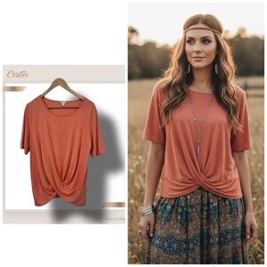 🌿Cato Women's Small Soft Orange Short Sleeve Lightweight Wrap Waist Top